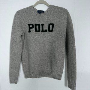 Polo Ralph Lauren Gray Wool Blend Boys Sweater Green Logo Sz XL